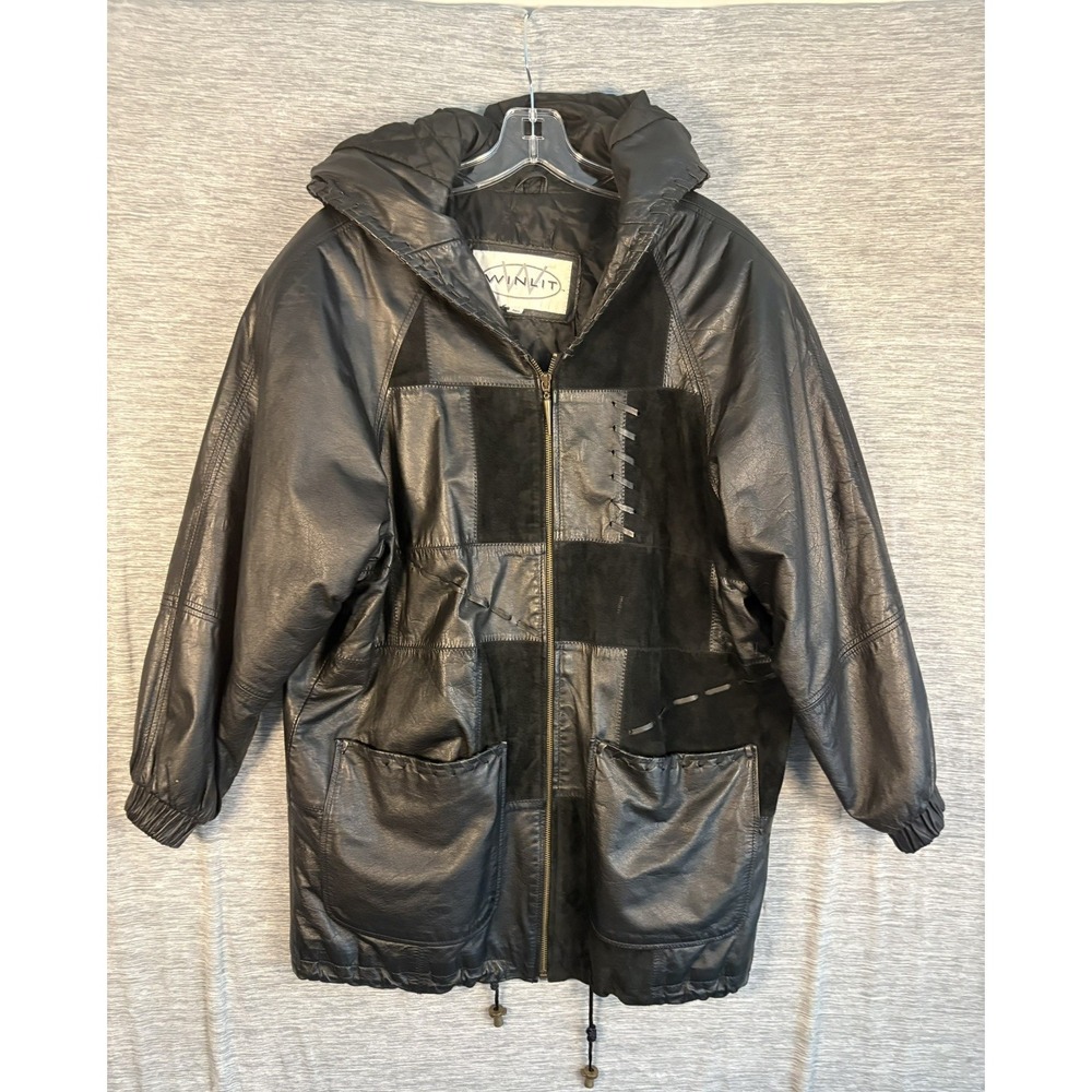 Vintage WINLIT Black Patchwork Leather Suede Hooded Coat Jacket Whipstitch M